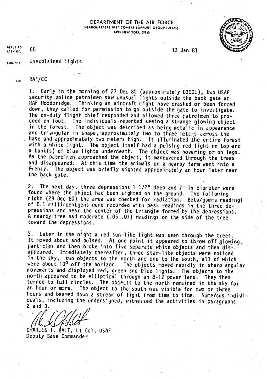 „Halt-Memo“ — amtliche Meldung des Lt. Col. Charles Halt (1981)