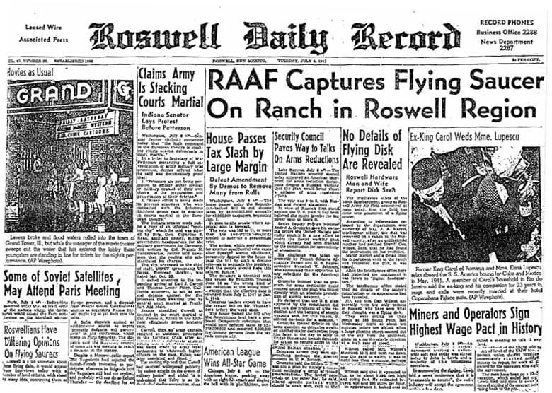 Roswell Daily Record vom 8. Juli 1947 — die Erstmeldung